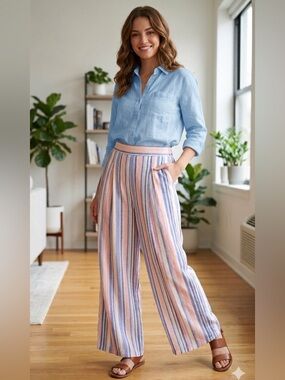 Pastel Stripe Wide-Leg Pants — Multicolor